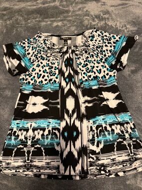 Style & Co. Black White and Teal Patterned Short Sleeve Blouse